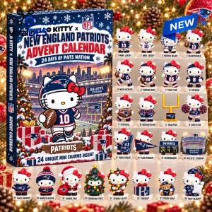 Front view of a Hello Kitty x New England Patriots Advent Calendar with 24 numbered sports-themed mini figures.