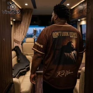 Rod Wave Don't Look Down Tour brown baseball jersey featuring rear graphic print, gold piping, and concert tour branding.
