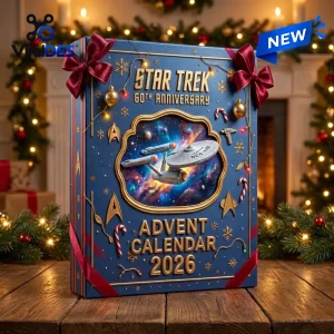 Front view of the blue Star Trek 60th Anniversary Advent Calendar on a wooden table.