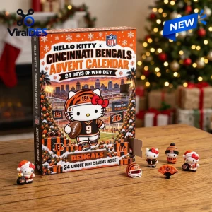 Front view of a Cincinnati Bengals advent calendar box featuring a cartoon cat figure and small holiday charms.