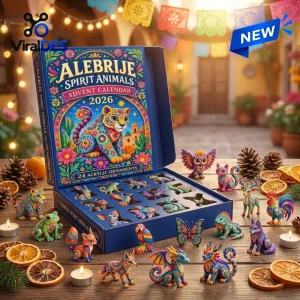 Open Alebrije Spirit Animal Advent Calendar 2026 box with colorful animal acrylic ornaments displayed on a wooden table.