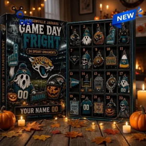 Front view of Jacksonville Jaguars Halloween advent calendar with 24 numbered compartments containing ornaments.