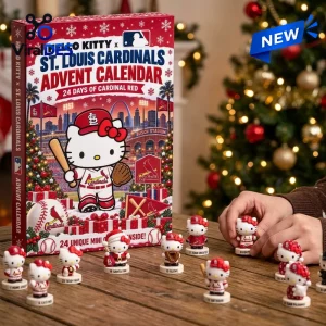 Front view of Hello Kitty x St. Louis Cardinals Advent Calendar box with mini figurines displayed on table.