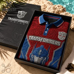 Optimus Prime Cyber Robot Red and Blue Polo Shirt with Transformers logo in a black presentation box.