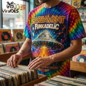 Parliament Funkadelic One Nation Under A Groove shirt featuring a colorful tie-dye design with a Mothership graphic.