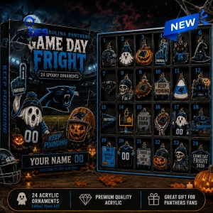 Front view of Carolina Panthers Game Day Fright Halloween Advent Calendar open with 24 spooky ornaments.