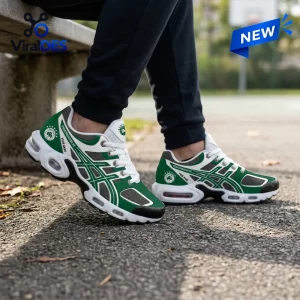 Side view of Panathinaikos BC green and white sneakers with air cushioning soles and personalized text on the heel.