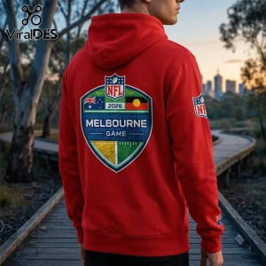 San Francisco 49ers 2026 Melbourne Game Red Hoodie featuring a commemorative NFL shield logo on the back.