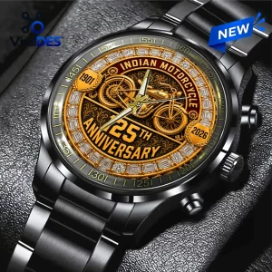 Closeup of a black watch featuring a gold Indian Motorcycle 125th Anniversary face with an embossed motorcycle design.