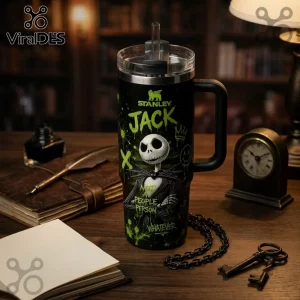 Jack Skellington Not A People Person Black 40oz Tumbler with green graffiti, skull imagery, and clear plastic lid.