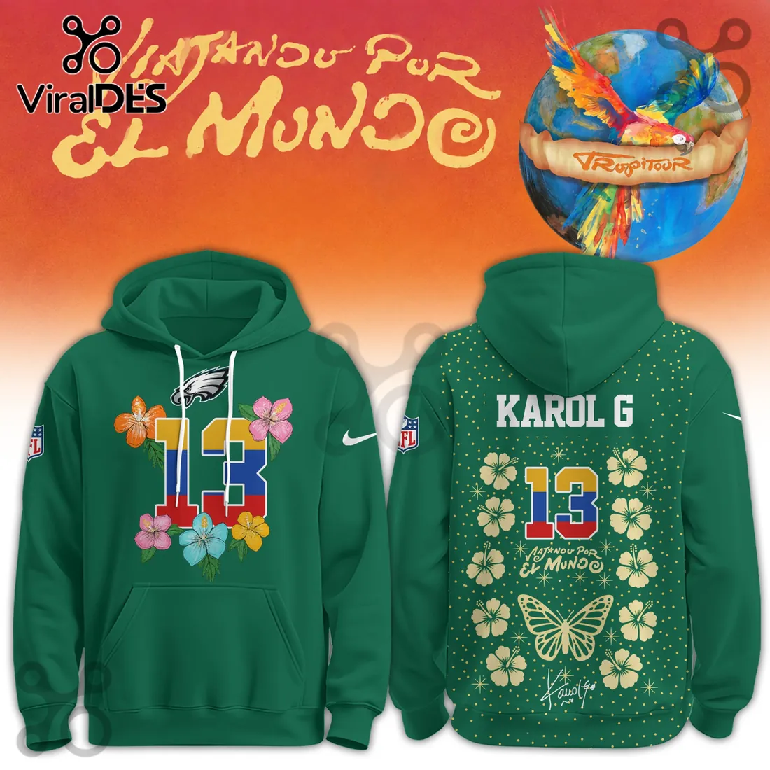 Karol G x Philadelphia Eagles Tropitour Green Hoodie Karol G x Philadelphia Eagles Tropitour Green Hoodie