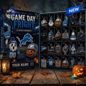Open Detroit Lions Game Day Fright Halloween Advent Calendar displaying numbered compartments and spooky ornaments.