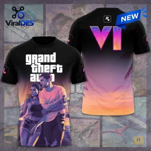 Front and back views of a Grand Theft Auto VI gradient black t-shirt featuring character artwork and sunset scenery.