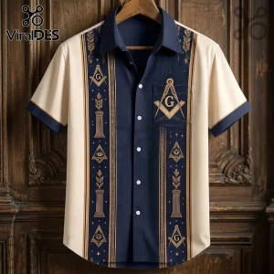 Freemason Compass Square Pattern Hawaiian Shirt with navy blue center and cream panels featuring Masonic gold iconography.