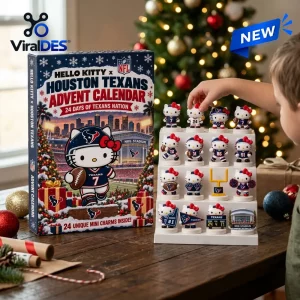 A child placing a miniature Hello Kitty figure on a white display stand next to a Houston Texans advent calendar box.