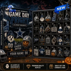 Front view of Dallas Cowboys Game Day Fright Halloween Advent Calendar with 24 spooky ornaments.