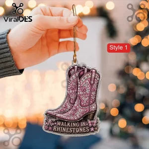 Dolly Parton Pink Rhinestone Acrylic Ornament Set featuring a pair of western cowgirl boots with glittery floral details.