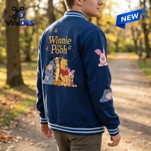 Winnie the Pooh Navy Blue Baseball Jacket featuring Pooh and friends graphic on back and character patches on sleeves.