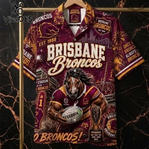 Brisbane Broncos Maroon Hawaiian Shirt featuring a horse mascot, team logos, stadium graphics, and championship text.