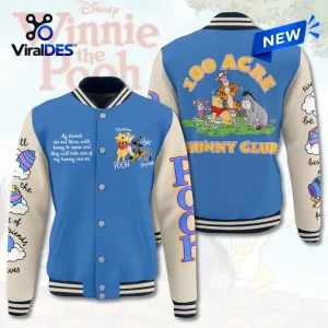 Front and back view of Winnie the Pooh Blue and Beige Baseball Jacket with Hunny Club graphics.