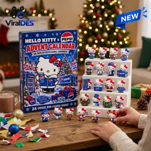 Front view of Hello Kitty x Pepsi Advent Calendar 2026 with twenty-four small character figures on a tiered display stand.