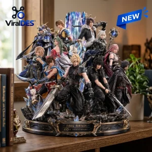 Front view of a multi-character Final Fantasy 40th Anniversary acrylic plaque display on a wooden desk.