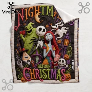 Nightmare Before Christmas personalized blanket featuring Jack, Sally, and Oogie Boogie with embroidered lettering on black.