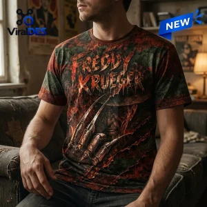 Freddy Krueger Fire Claw Shirt featuring a dark green and red striped pattern with an iconic metal glove graphic.