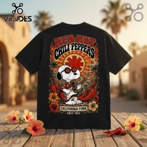 Red Hot Chili Peppers x Snoopy California Funk shirt featuring Snoopy with guitar, red peppers, and hibiscus on black tee.