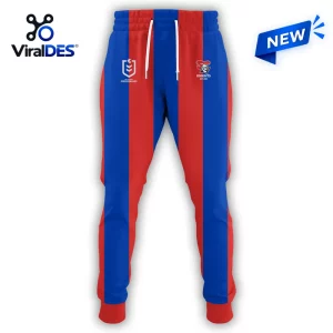 Front view of blue and red striped sweatpants with white drawstrings and team logos.