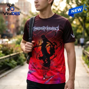 Kingdom Hearts 25th Anniversary shirt featuring a dark silhouette character graphic on a red and black gradient fabric.