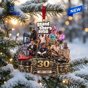 Front view of a Grand Theft Auto 30th Anniversary Christmas Ornament hanging on a snow-covered pine branch.