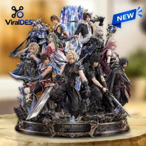 Front view of a Final Fantasy 40th Anniversary acrylic plaque featuring a group of diverse fantasy characters.