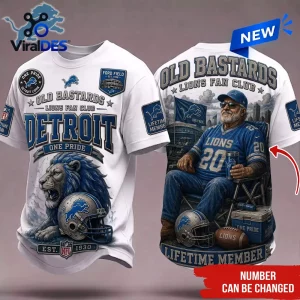 Detroit Lions Old Bastards Mascot T-Shirt featuring a blue lion, Ford Field, and a fan graphic on white polyester fabric.