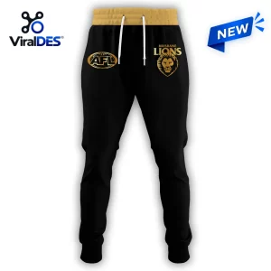 Front view of black sweatpants featuring gold waistband, drawstrings, AFL logo, and Brisbane Lions emblem.