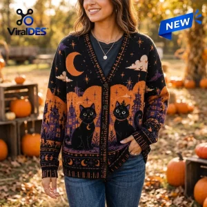 Front view of a black knit cardigan featuring orange moon, stars, and black cat patterns in an outdoor autumn setting.