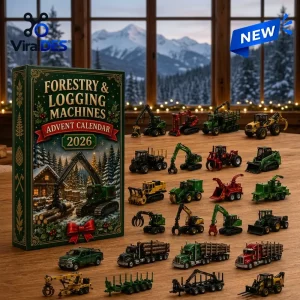 Front view of the Forestry and Logging Machines 2026 Advent Calendar box beside toy logging vehicles.