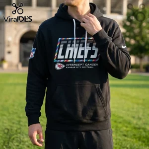 Kansas City Chiefs 2026 NFL Crucial Catch black hoodie featuring a multi-colored logo and Intercept Cancer text.