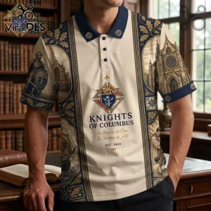 Knights of Columbus Heritage Polo Shirt with cream base, navy blue collar, and ornate historical gothic cathedral graphics.