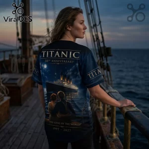 Titanic 30th Anniversary The King Of The World baseball jersey featuring a cinematic ship print on a dark blue background.