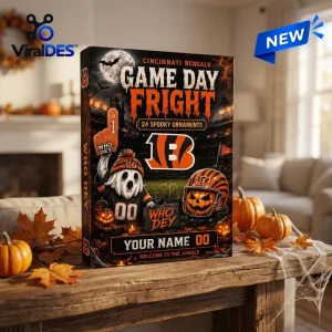Front view of Cincinnati Bengals Game Day Fright Halloween Advent Calendar on a wooden table with pumpkins.