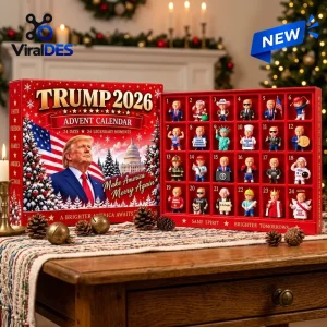 Front view of Trump 2026 Advent Calendar box and open insert filled with twenty four figures.