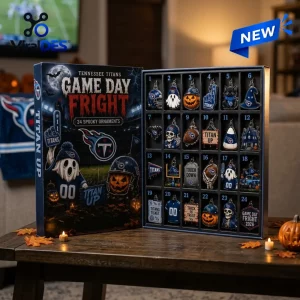 Front view of an open Tennessee Titans Halloween 2026 Advent Calendar box displaying twenty-four themed metal ornaments.