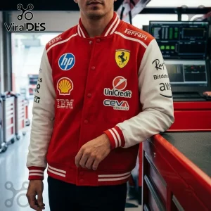 Scuderia Ferrari Monza 2026 Varsity Jacket featuring a red wool body, white sleeves, and official F1 sponsor branding.