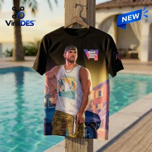 Front view of a black t-shirt featuring a character graphic outdoors near a pool.