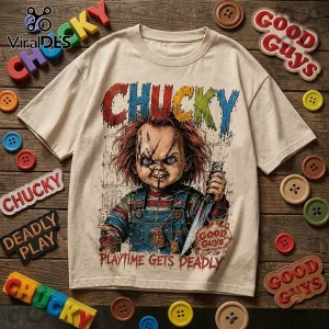 Chucky Good Guys Gone Bad cream shirt featuring a scarred Chucky doll holding a knife on a wood background with buttons.