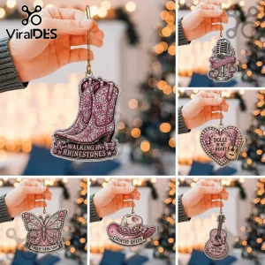 Dolly Parton Pink Rhinestone Acrylic Ornament Set featuring boots, guitar, microphone, and butterfly designs.