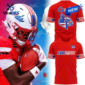 Louisville Cardinals Salute to Service 2026 shirt featuring a red crew neck, cardinal mascot graphic, and USA flag details.