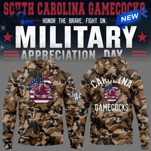 South Carolina Gamecocks Camo Military Appreciation Hoodie showing front and back views with team logos and flag patches.