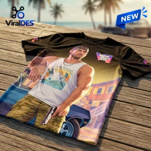 Front view of the Grand Theft Auto VI Vice City Black T-Shirt featuring a printed graphic of a male character on a wooden deck.